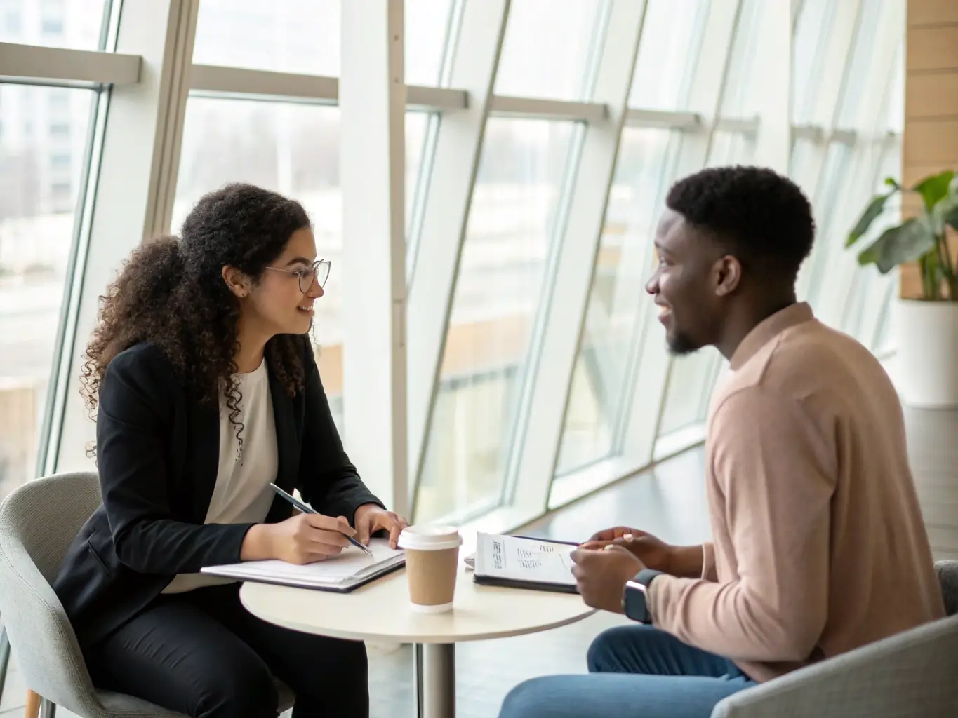 A professional office setting with recruiters interviewing candidates, showcasing Get Work's employee recruitment service.