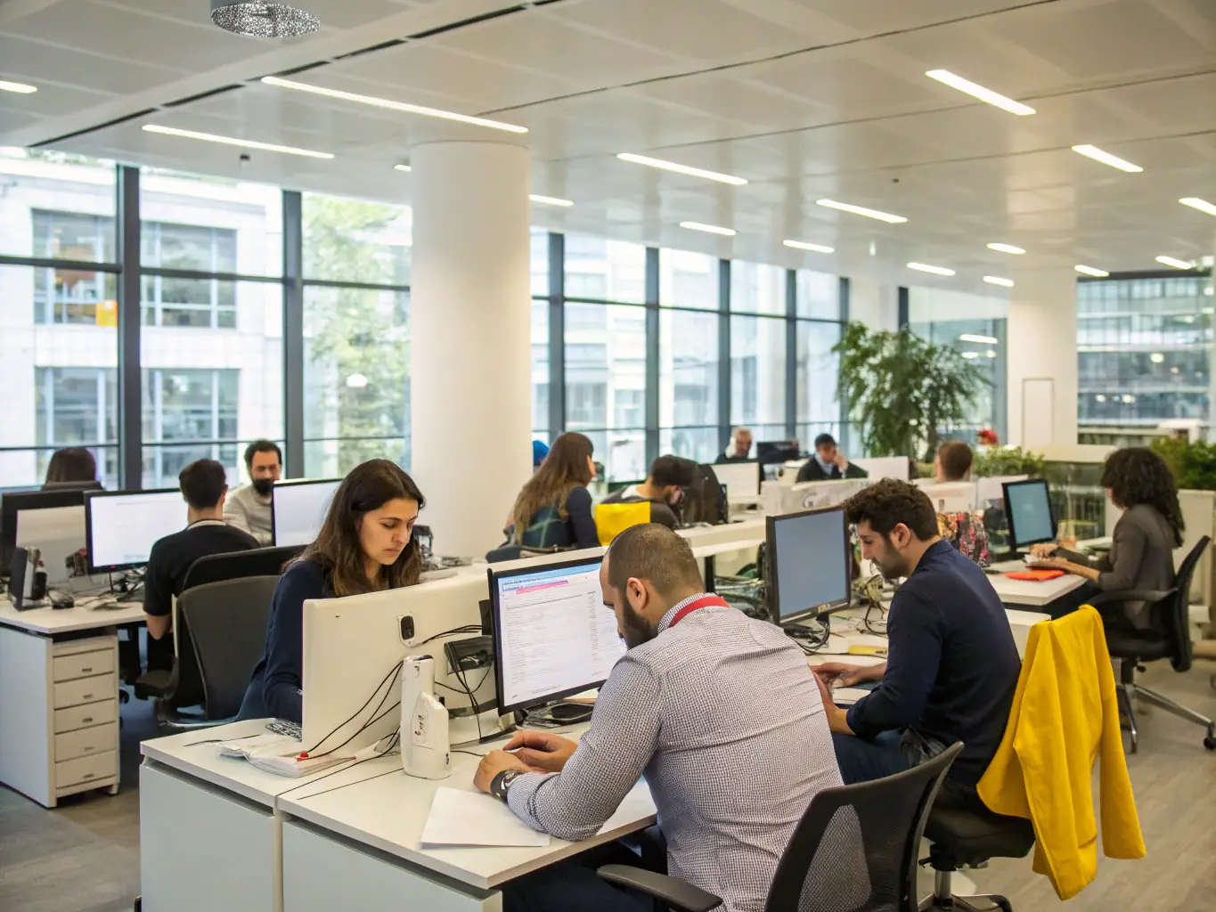 A team of temporary office staff working efficiently in a modern office environment, highlighting flexibility and productivity.